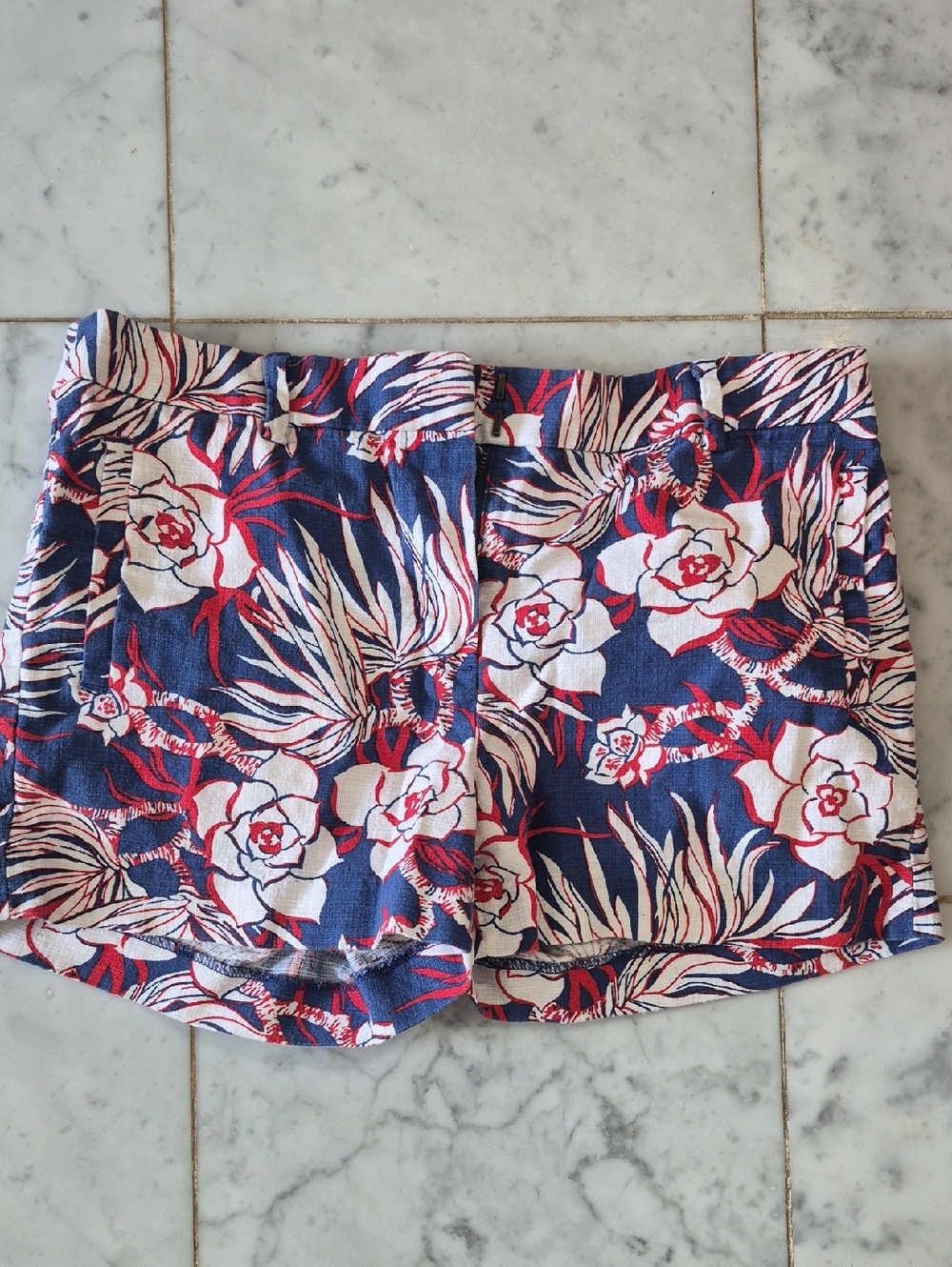 J. Crew Navy Floral Print Women's Shorts with White & Red Accents